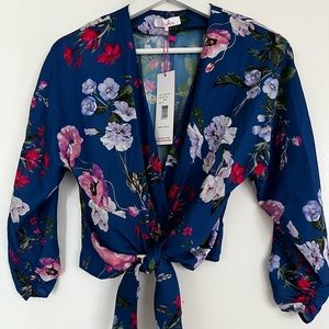 Parker Blue Floral Front Tie Cropped Blouse